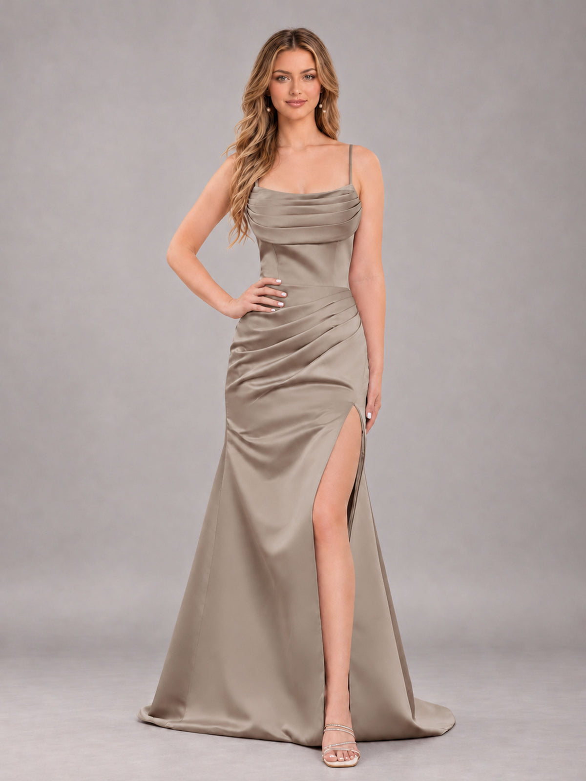 Taupe Fashionable Cowl Neck Slit Trumpet Long Satin Bridesmaid Dress