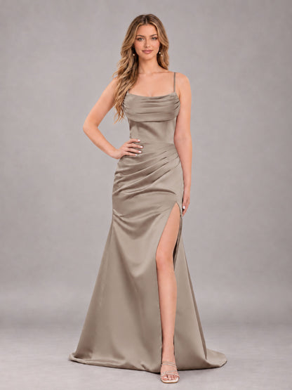 Taupe Fashionable Cowl Neck Slit Trumpet Long Satin Bridesmaid Dress