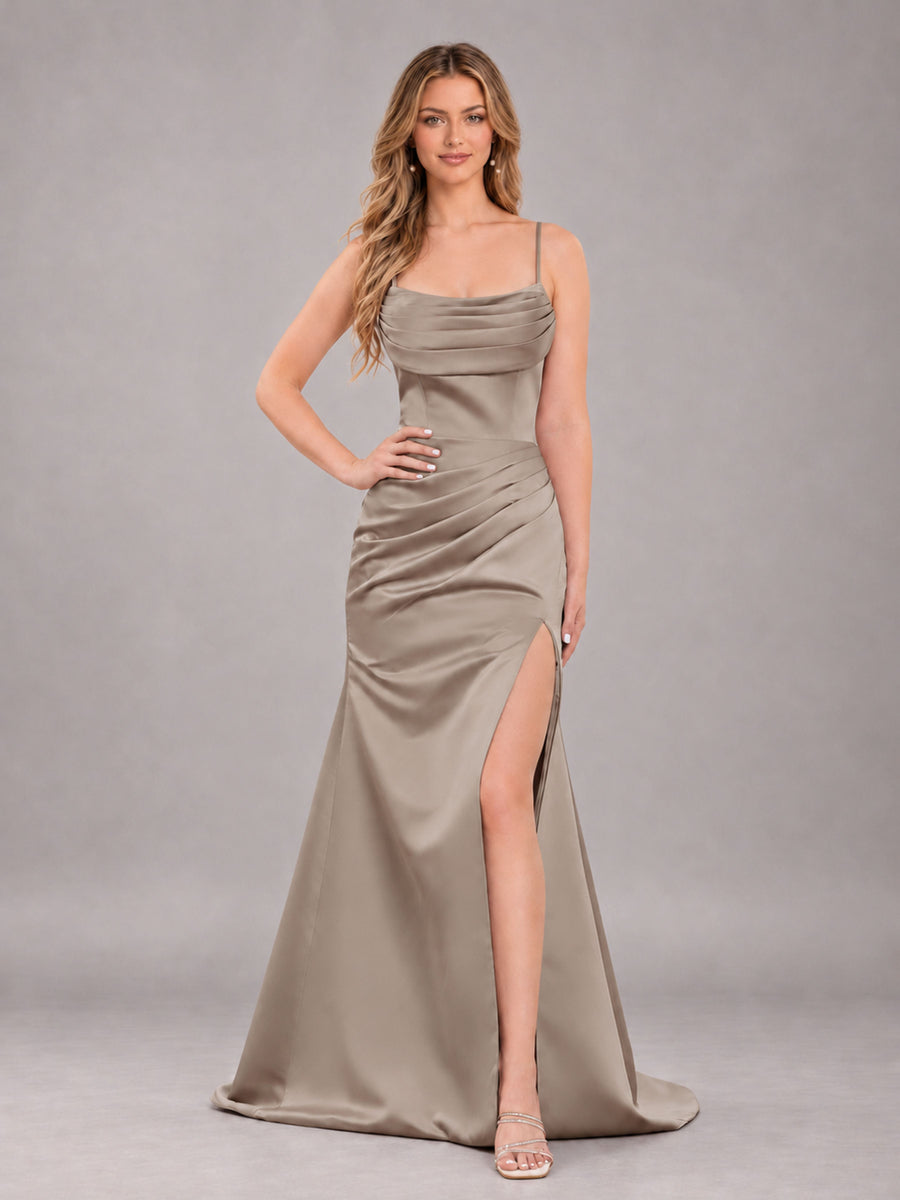 Taupe Fashionable Cowl Neck Slit Trumpet Long Satin Bridesmaid Dress
