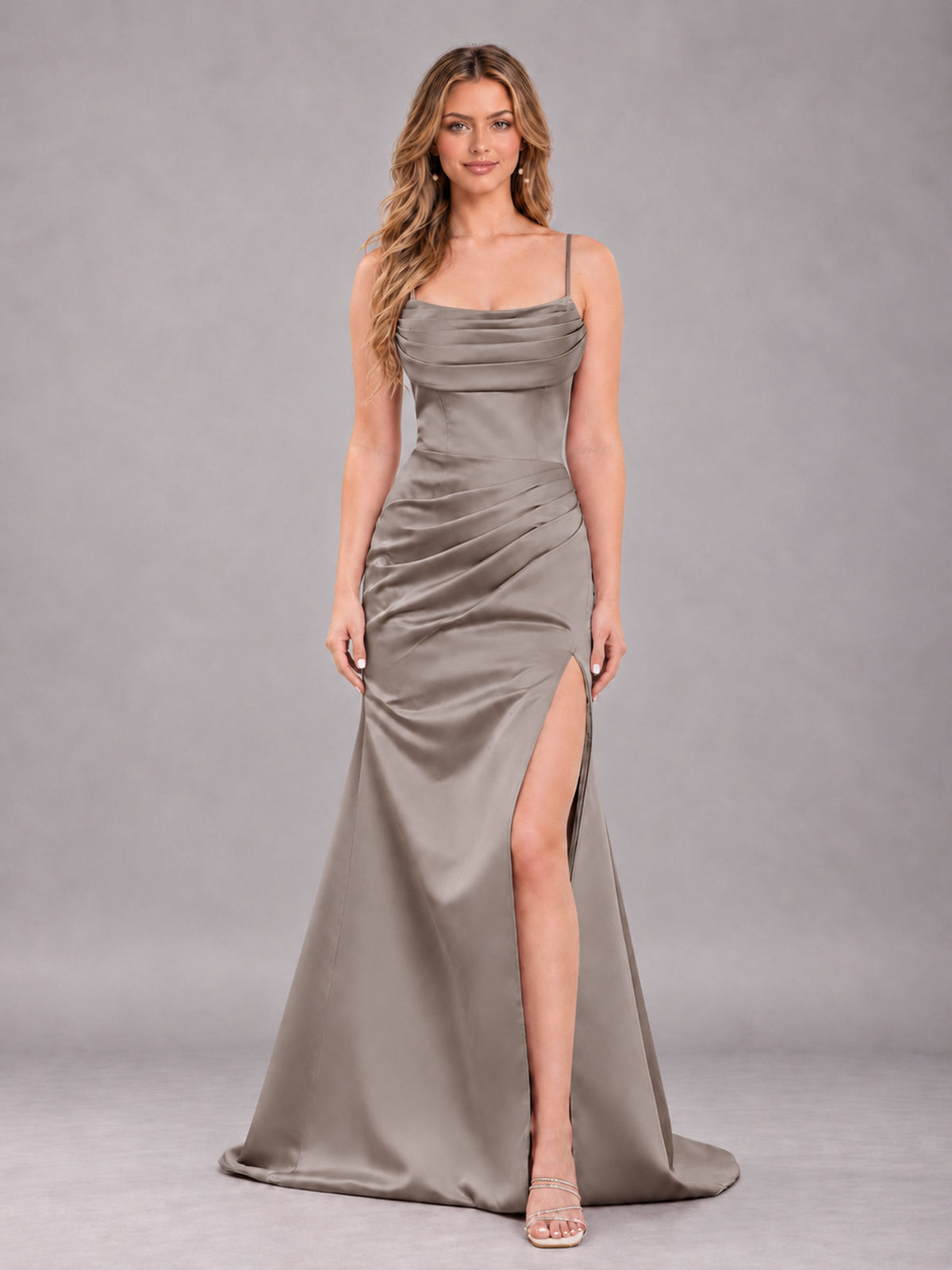 Taupe Fashionable Cowl Neck Slit Trumpet Long Satin Bridesmaid Dress