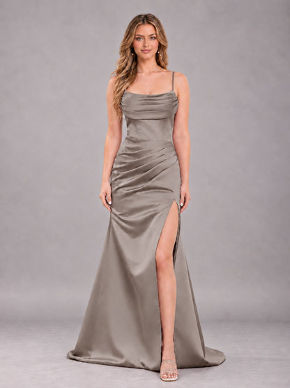 Taupe Fashionable Cowl Neck Slit Trumpet Long Satin Bridesmaid Dress