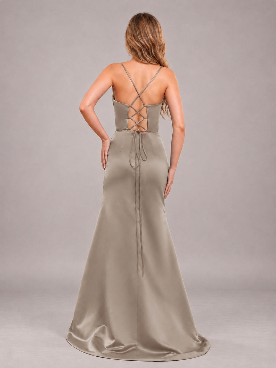 Taupe Fashionable Cowl Neck Slit Trumpet Long Satin Bridesmaid Dress