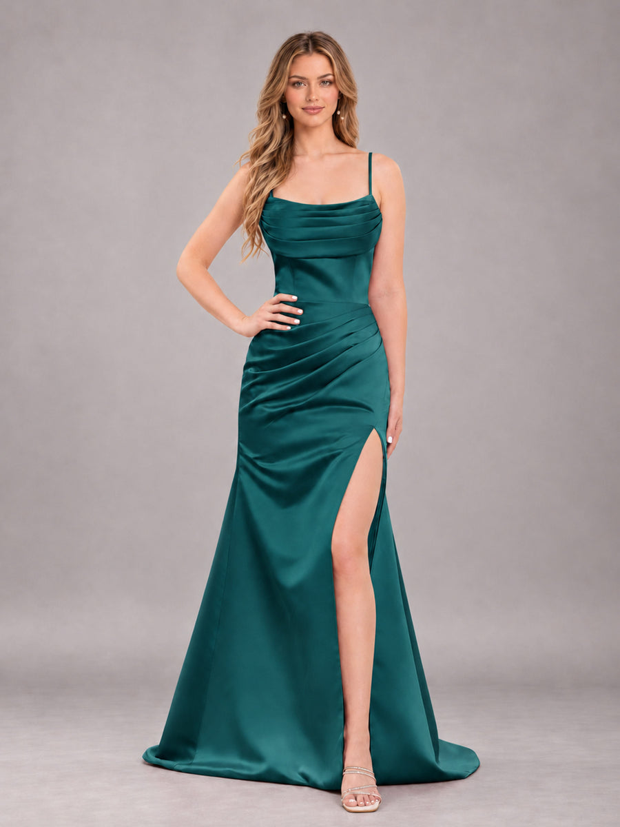 Teal Fashionable Cowl Neck Slit Trumpet Long Satin Bridesmaid Dress