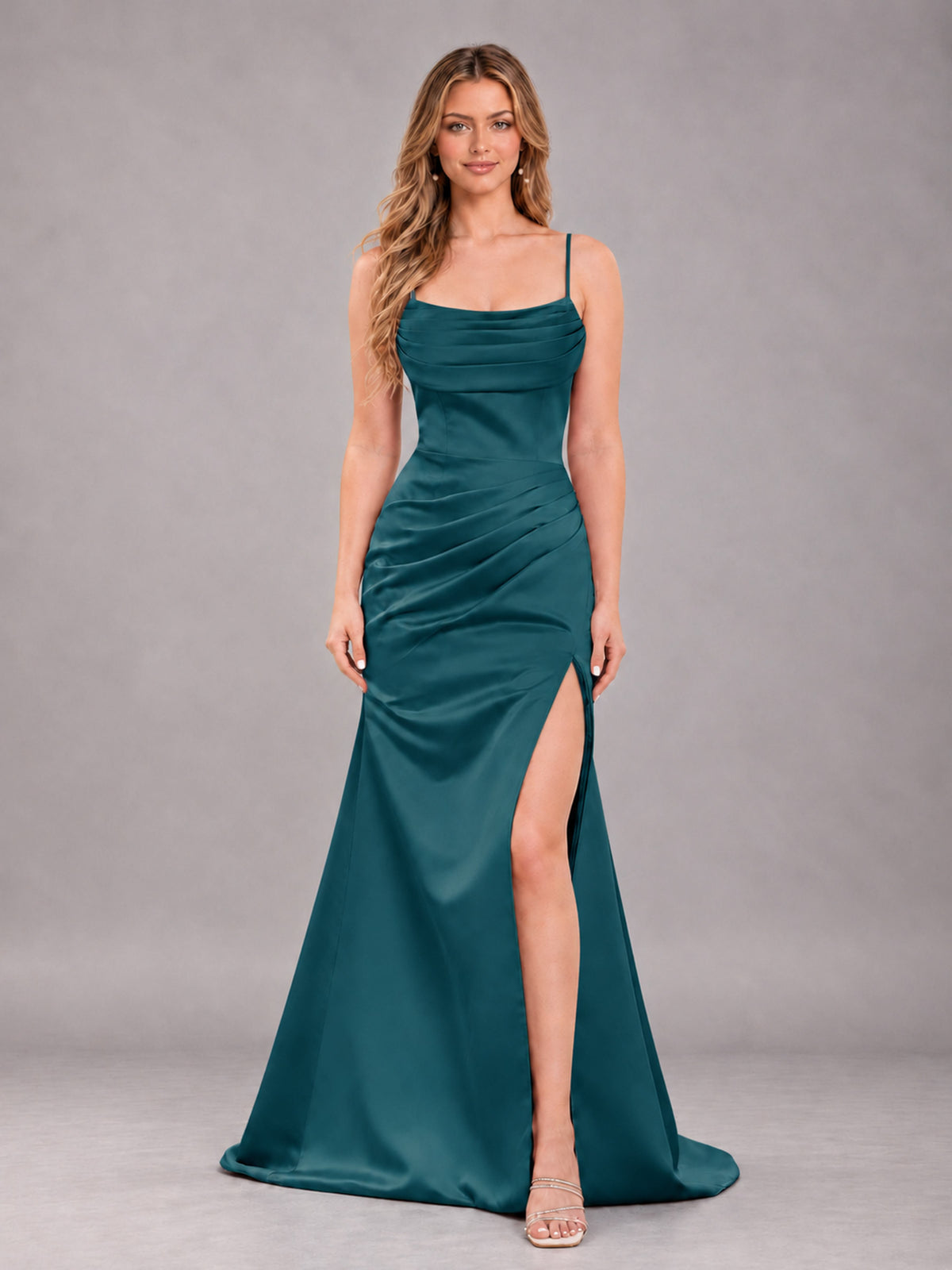 Teal Fashionable Cowl Neck Slit Trumpet Long Satin Bridesmaid Dress
