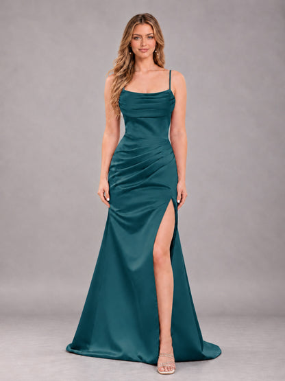 Teal Fashionable Cowl Neck Slit Trumpet Long Satin Bridesmaid Dress