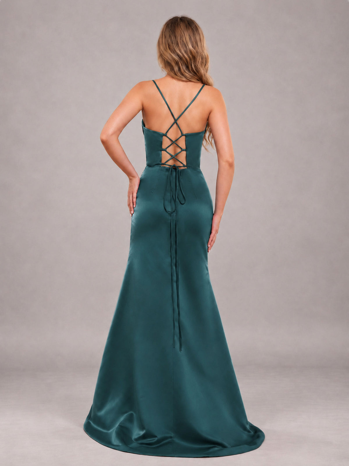 Teal Fashionable Cowl Neck Slit Trumpet Long Satin Bridesmaid Dress