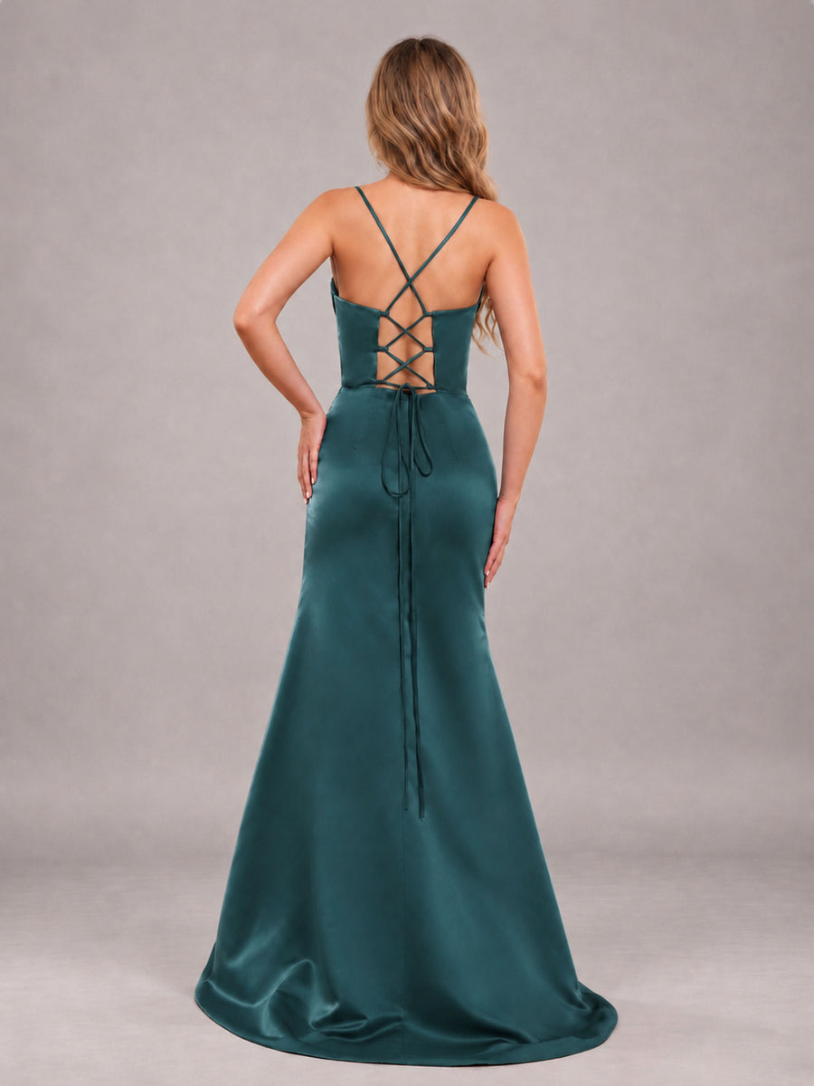 Teal Fashionable Cowl Neck Slit Trumpet Long Satin Bridesmaid Dress
