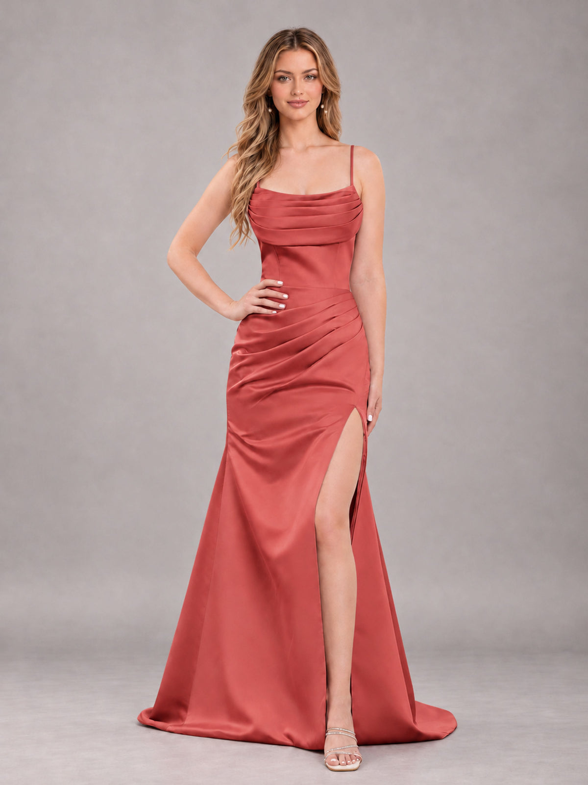 Terracotta Fashionable Cowl Neck Slit Trumpet Long Satin Bridesmaid Dress