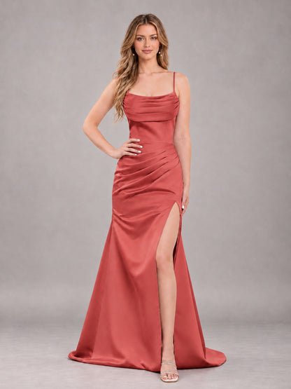 Terracotta Fashionable Cowl Neck Slit Trumpet Long Satin Bridesmaid Dress