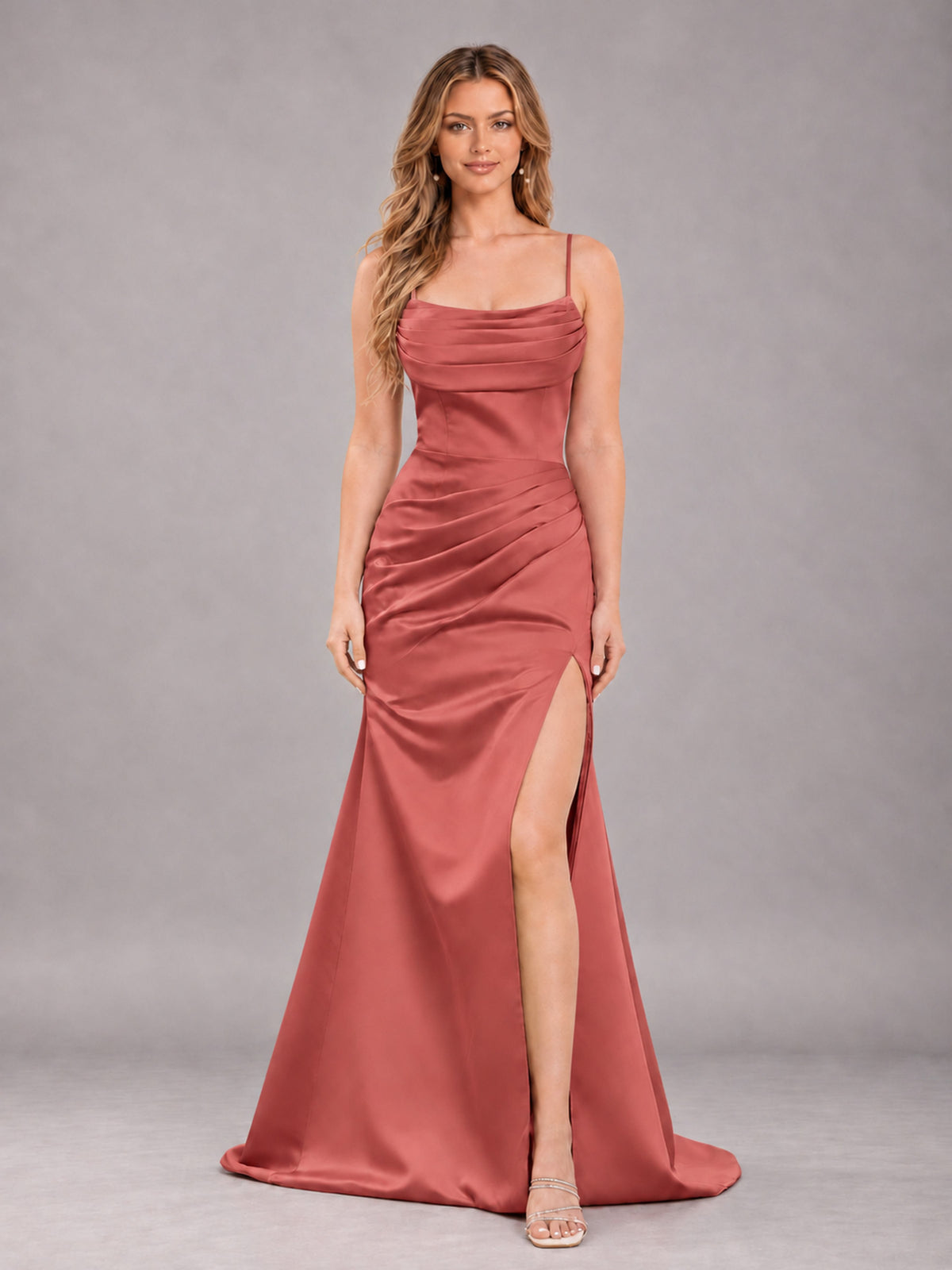Terracotta Fashionable Cowl Neck Slit Trumpet Long Satin Bridesmaid Dress
