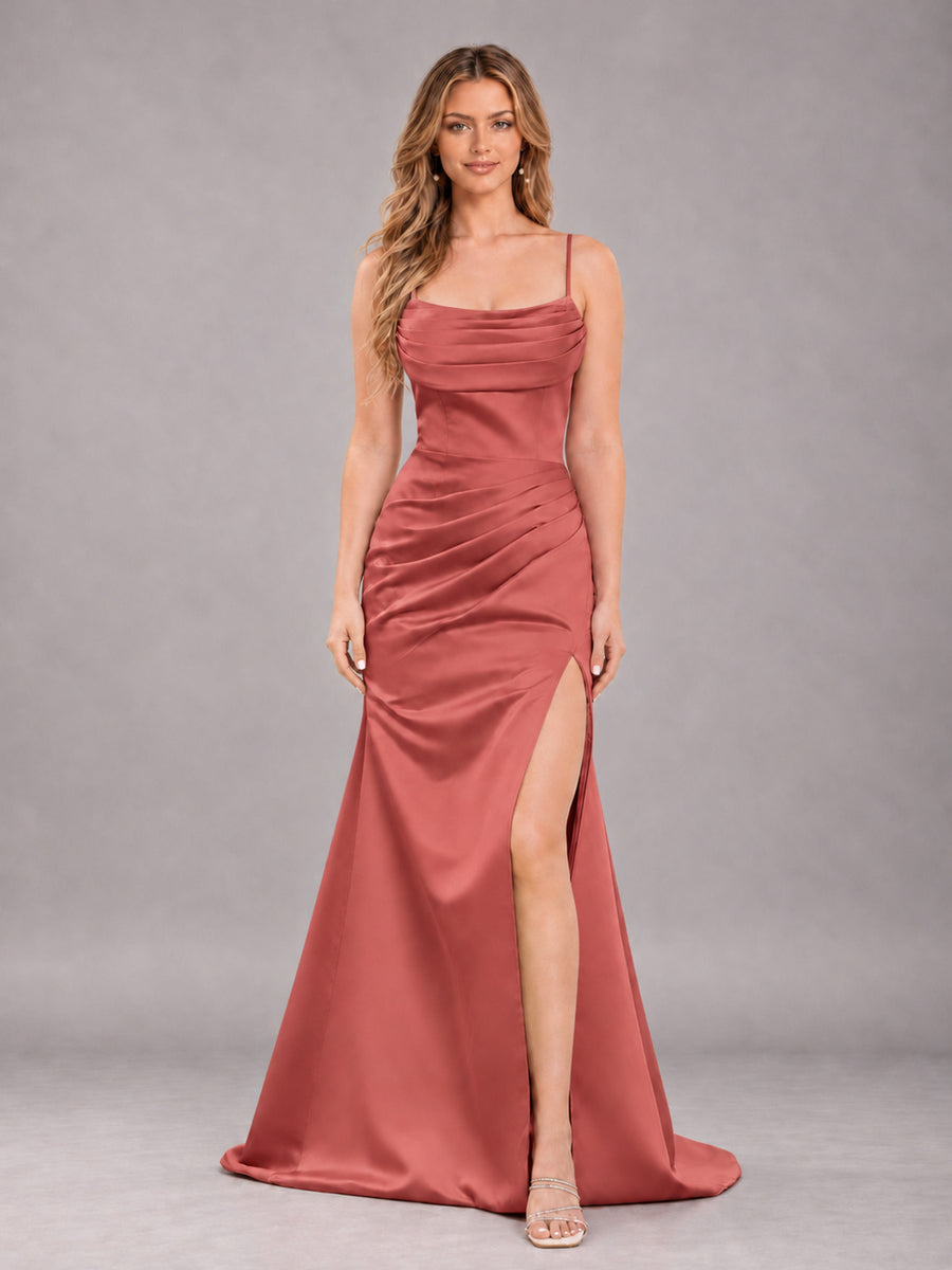 Terracotta Fashionable Cowl Neck Slit Trumpet Long Satin Bridesmaid Dress