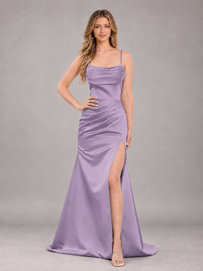 Wisteria Fashionable Cowl Neck Slit Trumpet Long Satin Bridesmaid Dress