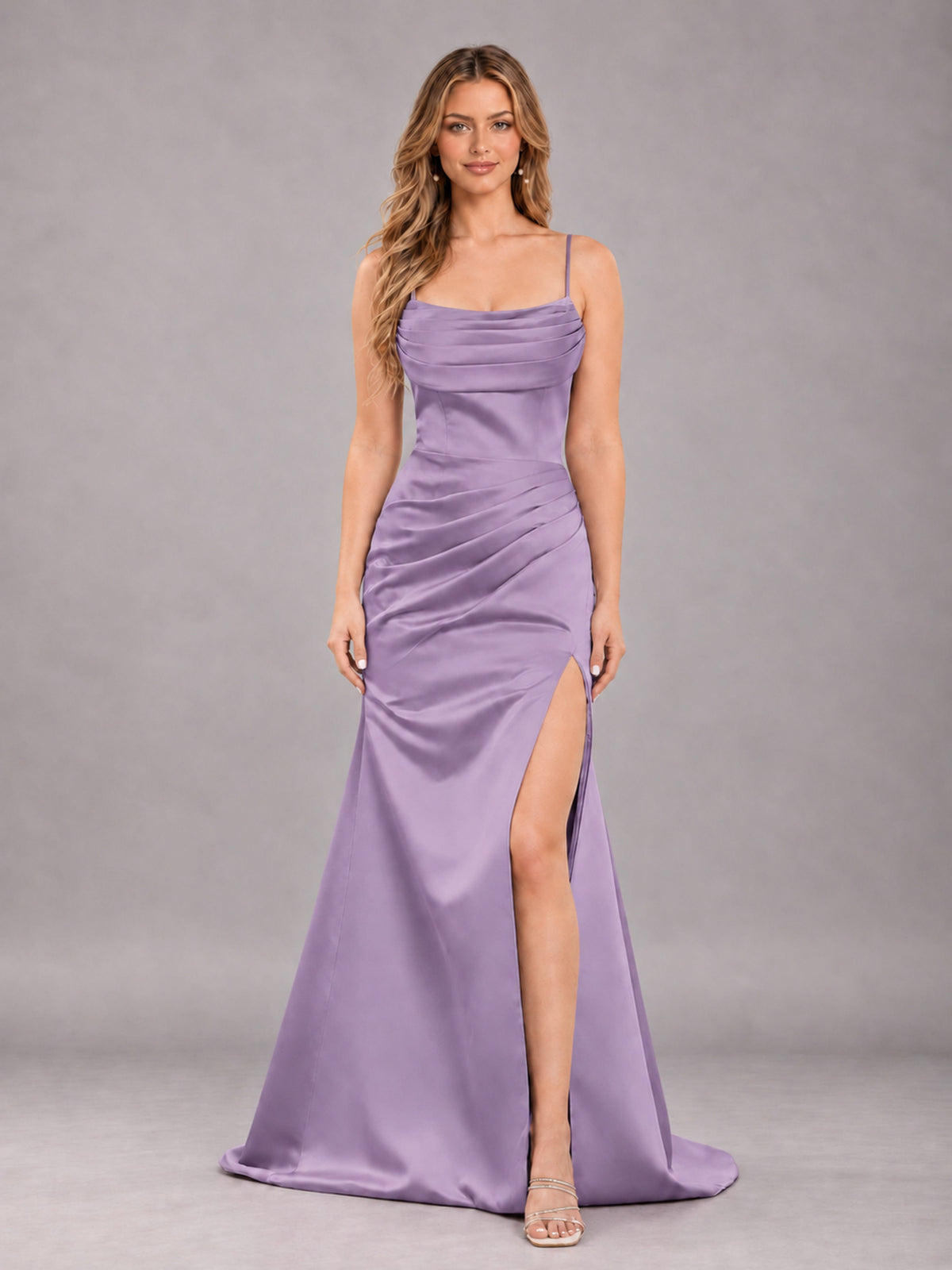 Wisteria Fashionable Cowl Neck Slit Trumpet Long Satin Bridesmaid Dress
