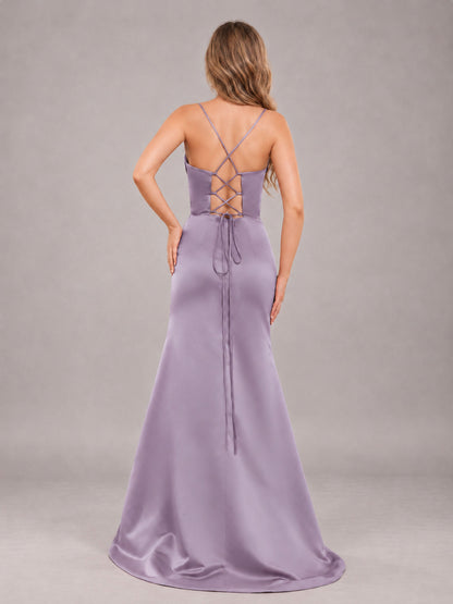 Wisteria Fashionable Cowl Neck Slit Trumpet Long Satin Bridesmaid Dress