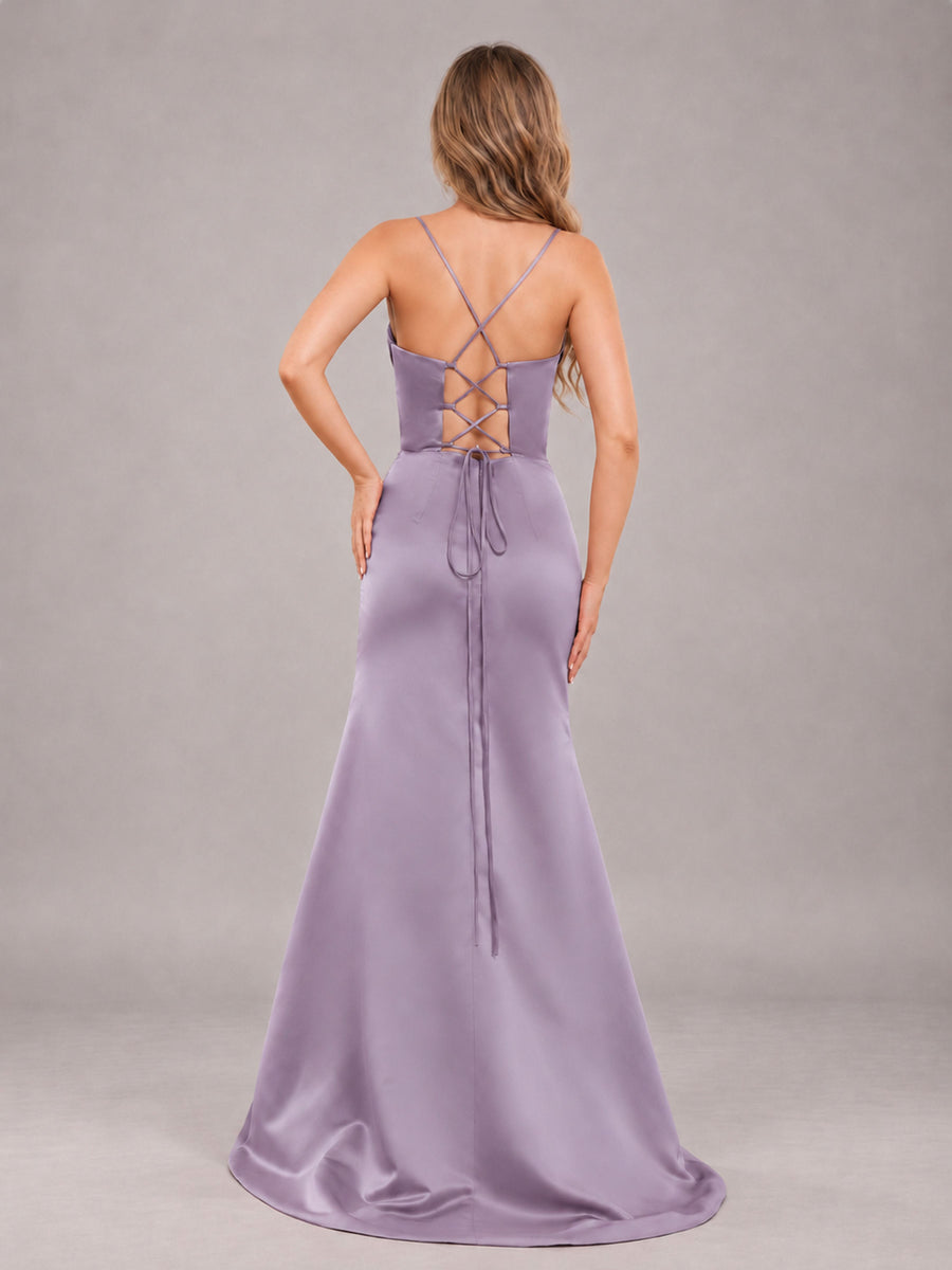 Wisteria Fashionable Cowl Neck Slit Trumpet Long Satin Bridesmaid Dress