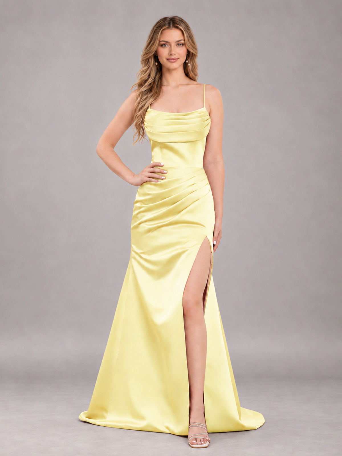 Yellow Fashionable Cowl Neck Slit Trumpet Long Satin Bridesmaid Dress