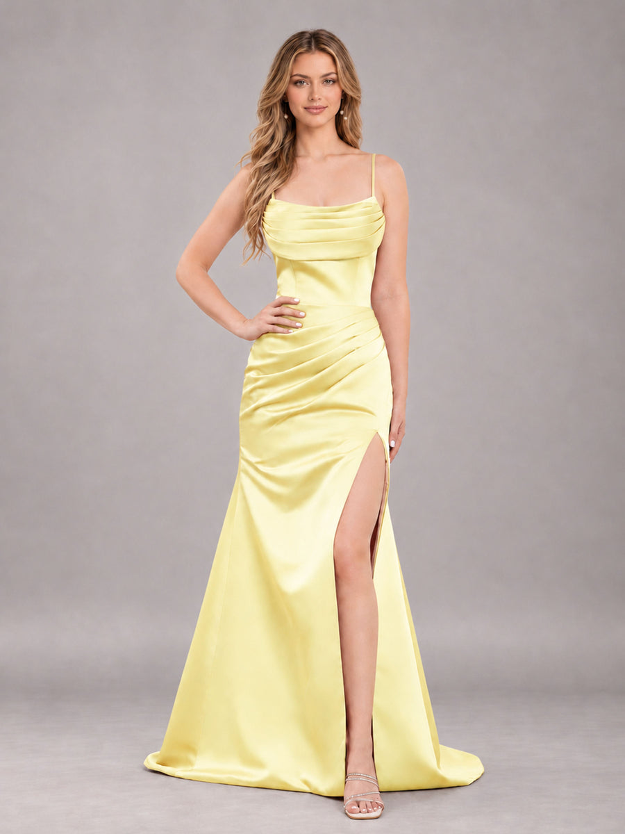 Yellow Fashionable Cowl Neck Slit Trumpet Long Satin Bridesmaid Dress