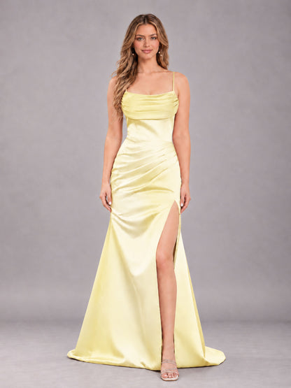 Yellow Fashionable Cowl Neck Slit Trumpet Long Satin Bridesmaid Dress