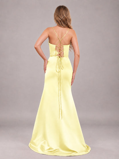 Yellow Fashionable Cowl Neck Slit Trumpet Long Satin Bridesmaid Dress