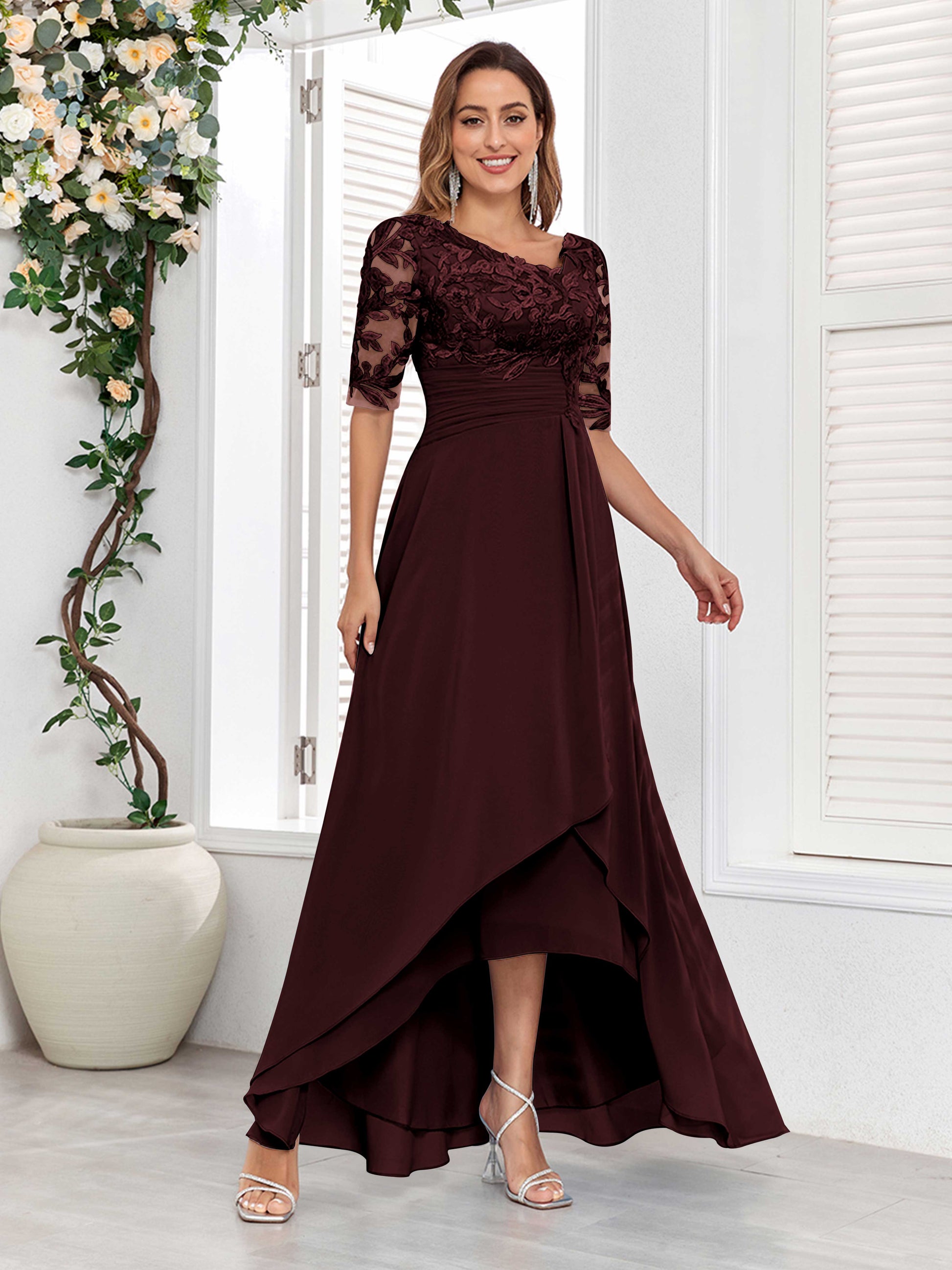 Formal Dress Petite Short Mother Of The Bride Dresses Fashionable Lace Appliques High-Low Chiffon Mother Of The Bride Dresse Formal Dress Petite Short Mother Of The Bride Dresses Fashionable Lace Appliques High-Low Chiffon Mother Of The Bride Dresse