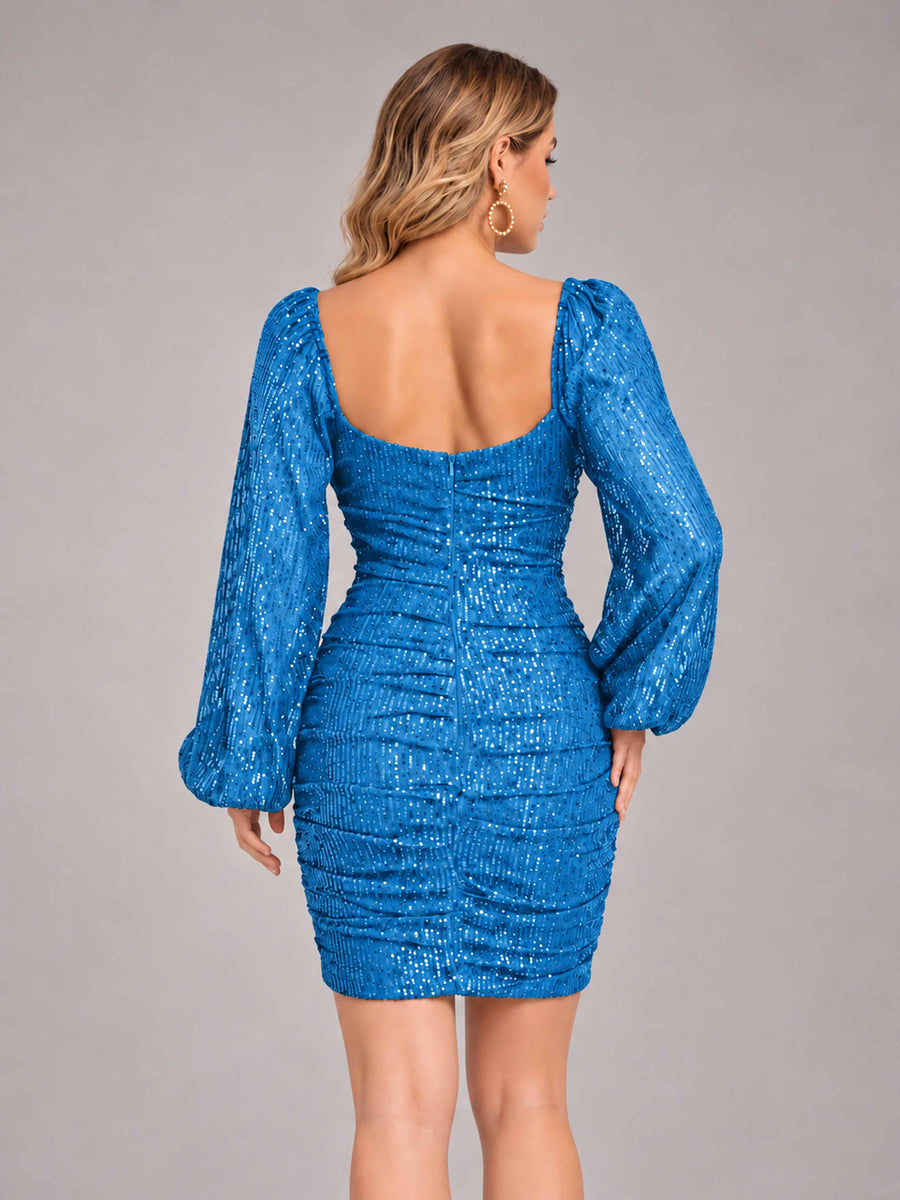 Blue Fashionable Long Sleeve V Neck Column Sequins Homecoming Dresses