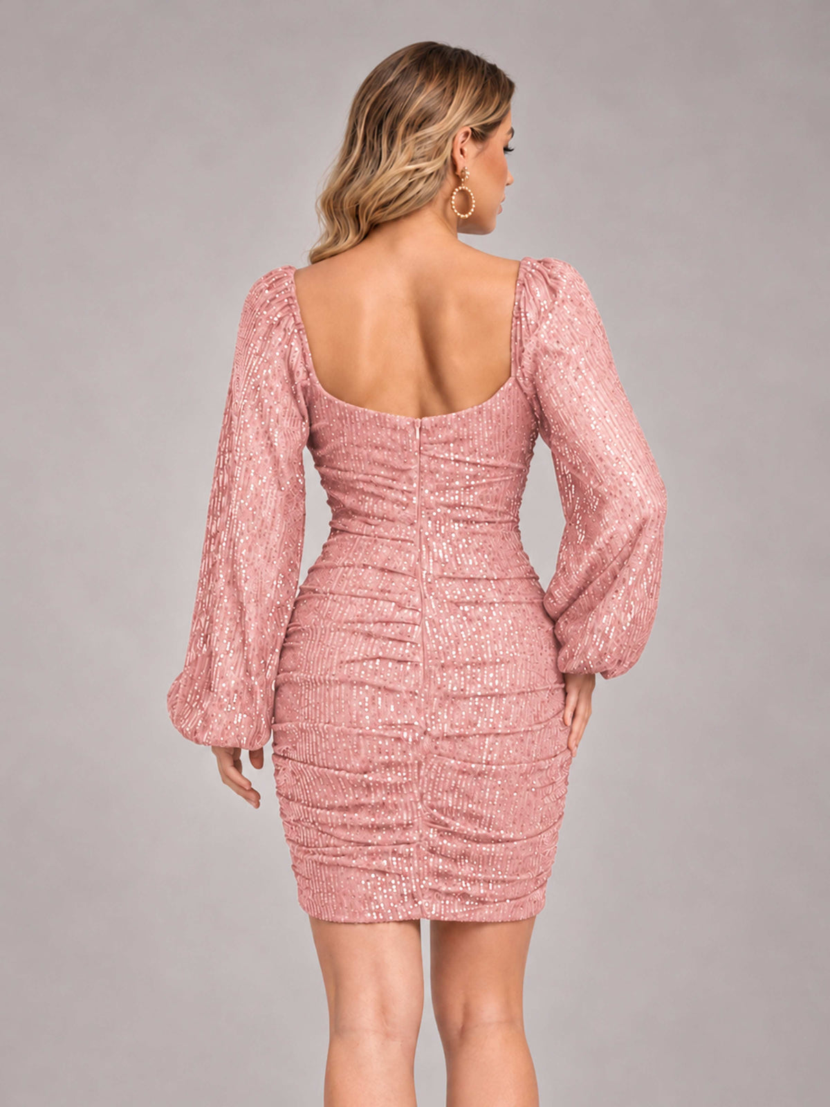 Blush Pink Fashionable Long Sleeve V Neck Column Sequins Homecoming Dresses