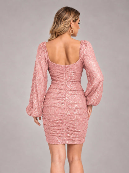 Blush Pink Fashionable Long Sleeve V Neck Column Sequins Homecoming Dresses