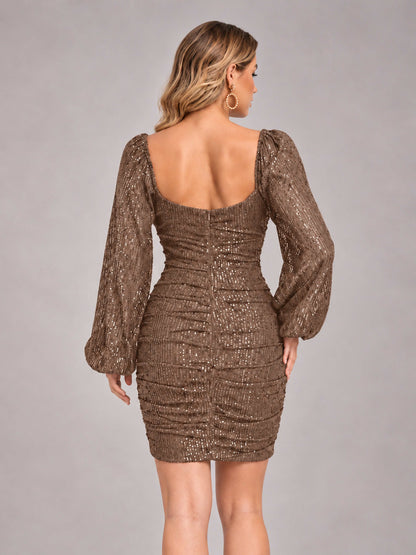 Brown Fashionable Long Sleeve V Neck Column Sequins Homecoming Dresses
