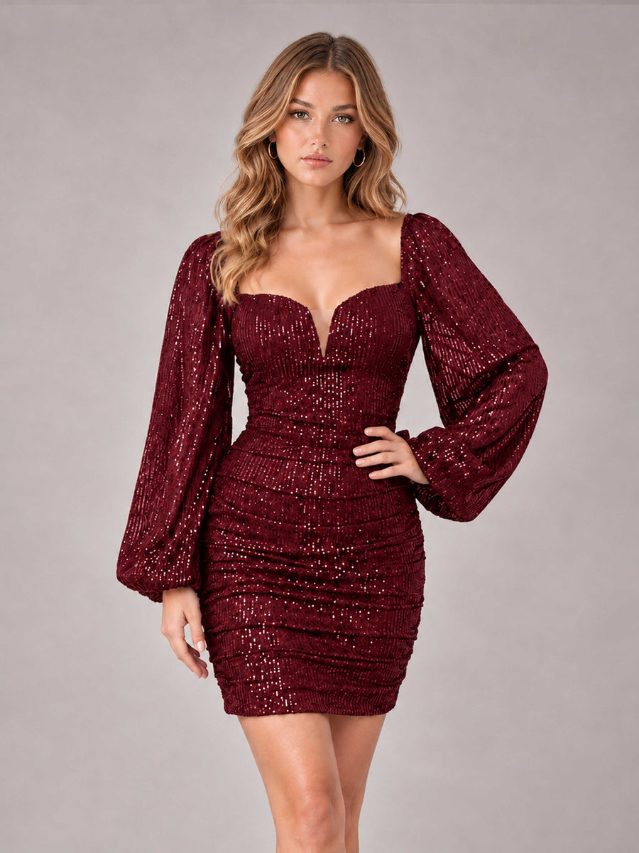 Burgundy Fashionable Long Sleeve V Neck Column Sequins Homecoming Dresses