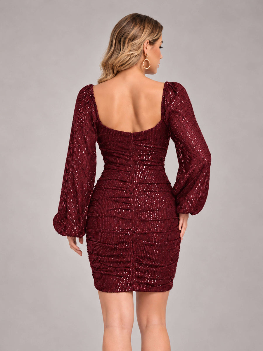 Burgundy Fashionable Long Sleeve V Neck Column Sequins Homecoming Dresses
