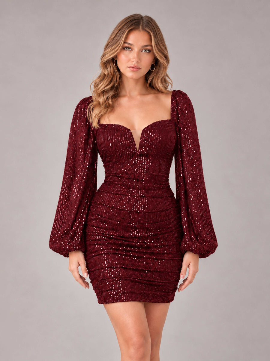 Burgundy Fashionable Long Sleeve V Neck Column Sequins Homecoming Dresses