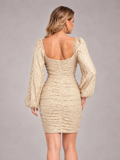 Champagne Fashionable Long Sleeve V Neck Column Sequins Homecoming Dresses