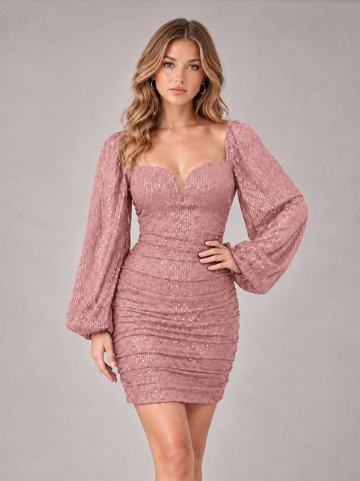 Dusty Rose Fashionable Long Sleeve V Neck Column Sequins Homecoming Dresses