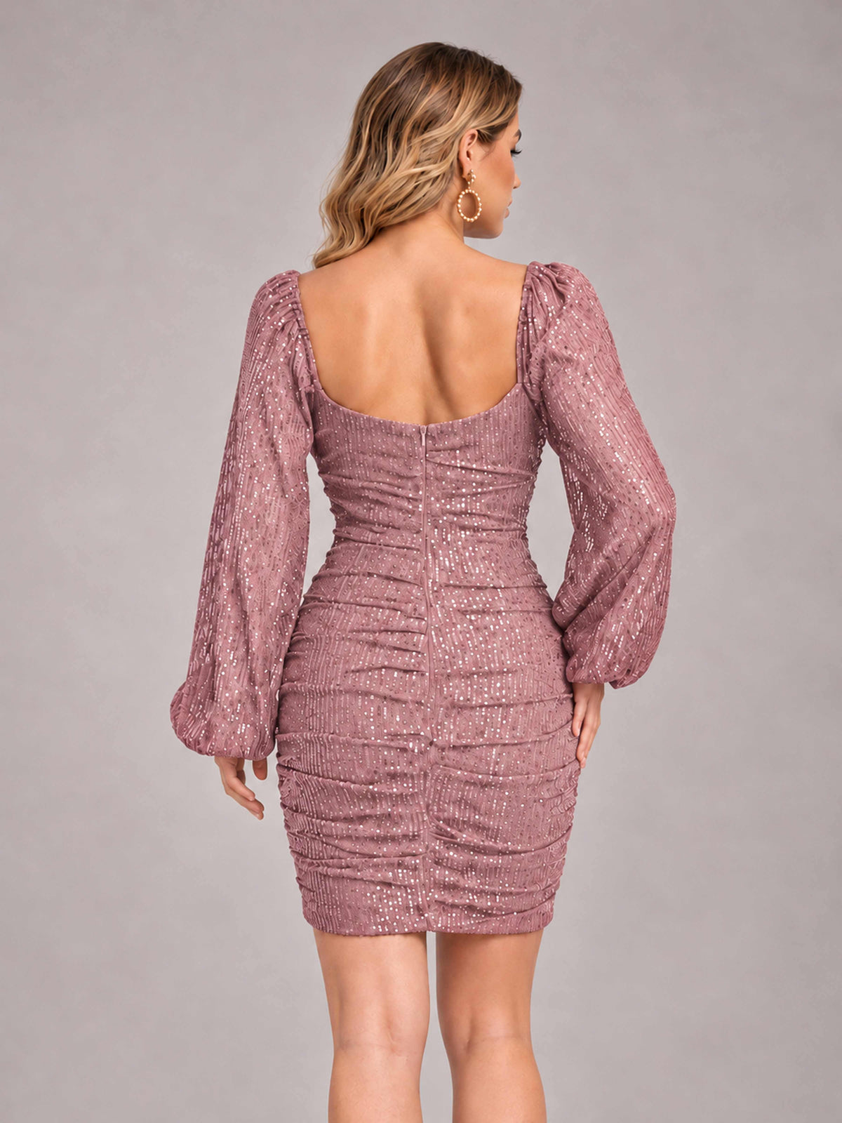 Dusty Rose Fashionable Long Sleeve V Neck Column Sequins Homecoming Dresses