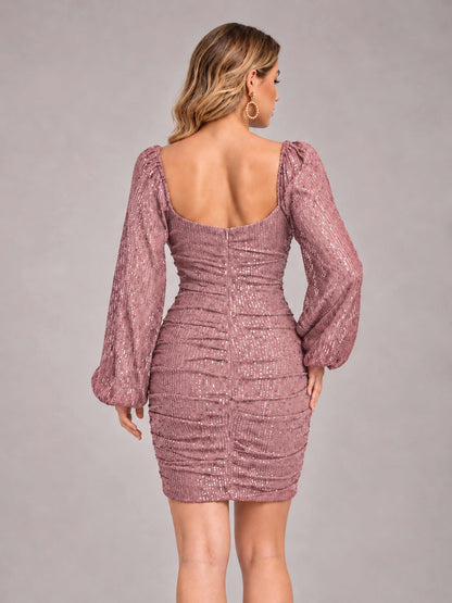 Dusty Rose Fashionable Long Sleeve V Neck Column Sequins Homecoming Dresses
