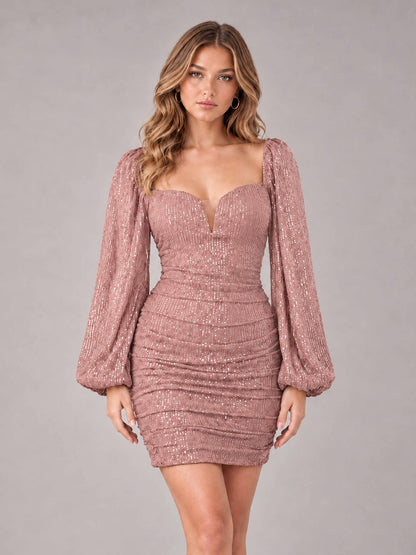 Dusty Rose Fashionable Long Sleeve V Neck Column Sequins Homecoming Dresses
