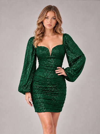 Emerald Green Fashionable Long Sleeve V Neck Column Sequins Homecoming Dresses