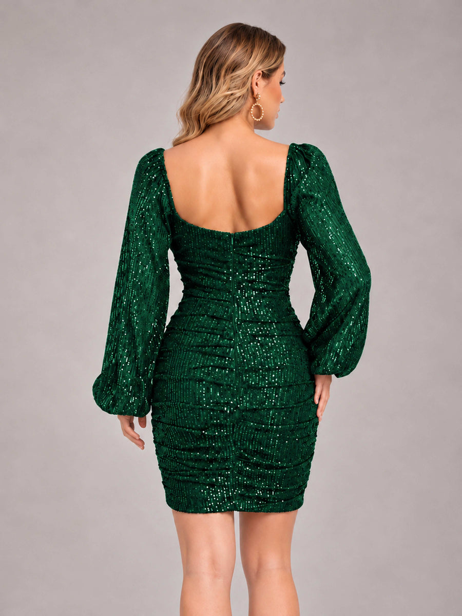 Emerald Green Fashionable Long Sleeve V Neck Column Sequins Homecoming Dresses