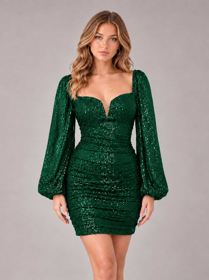 Emerald Green Fashionable Long Sleeve V Neck Column Sequins Homecoming Dresses
