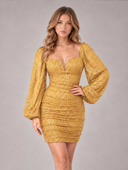 Gold Fashionable Long Sleeve V Neck Column Sequins Homecoming Dresses