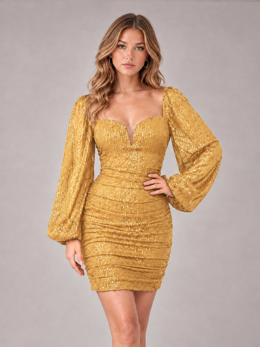 Gold Fashionable Long Sleeve V Neck Column Sequins Homecoming Dresses