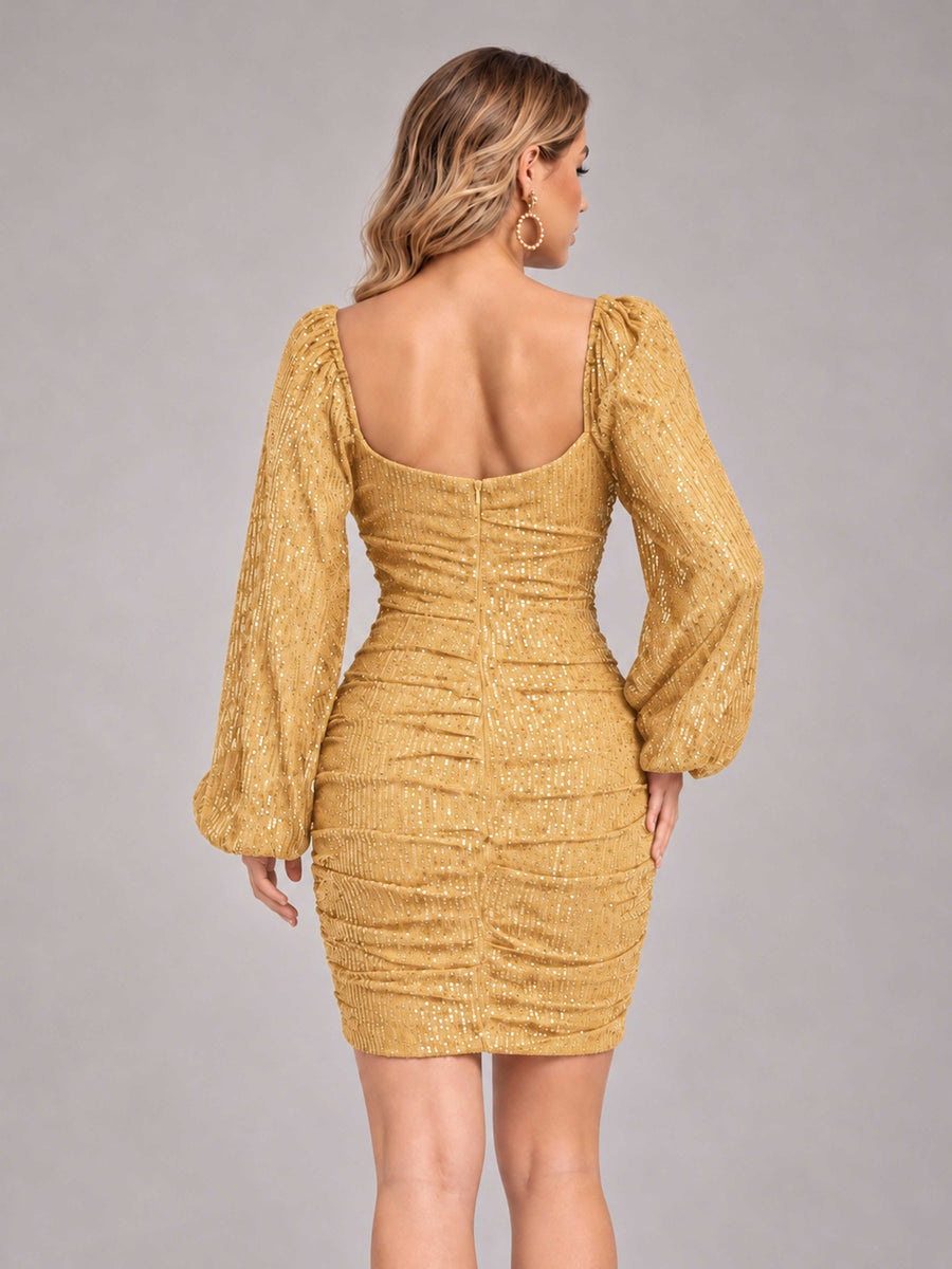 Gold Fashionable Long Sleeve V Neck Column Sequins Homecoming Dresses