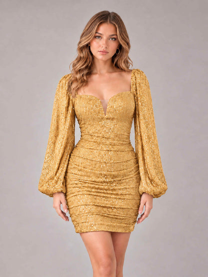 Gold Fashionable Long Sleeve V Neck Column Sequins Homecoming Dresses