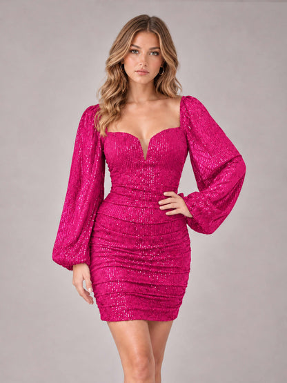 Hot Pink Fashionable Long Sleeve V Neck Column Sequins Homecoming Dresses