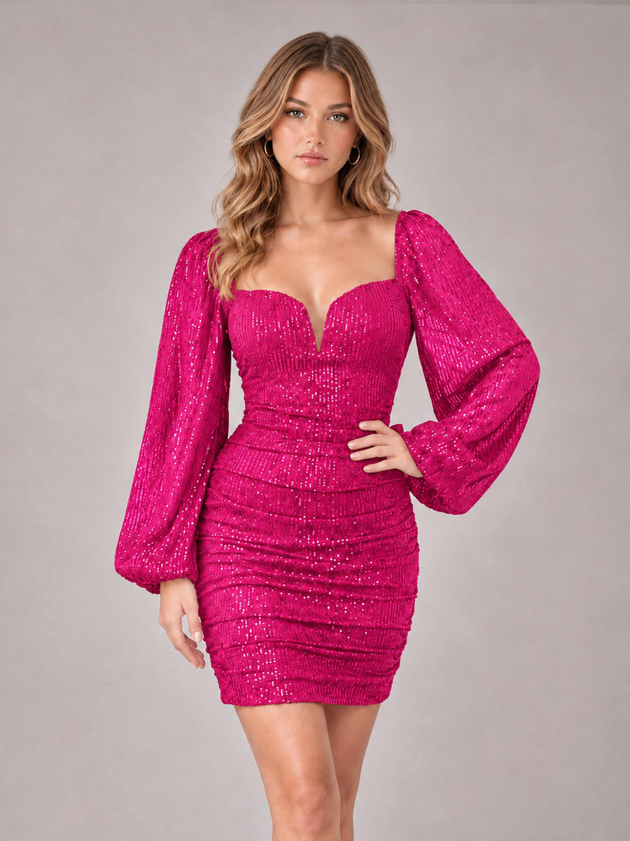 Hot Pink Fashionable Long Sleeve V Neck Column Sequins Homecoming Dresses