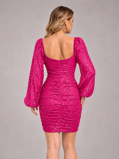 Hot Pink Fashionable Long Sleeve V Neck Column Sequins Homecoming Dresses