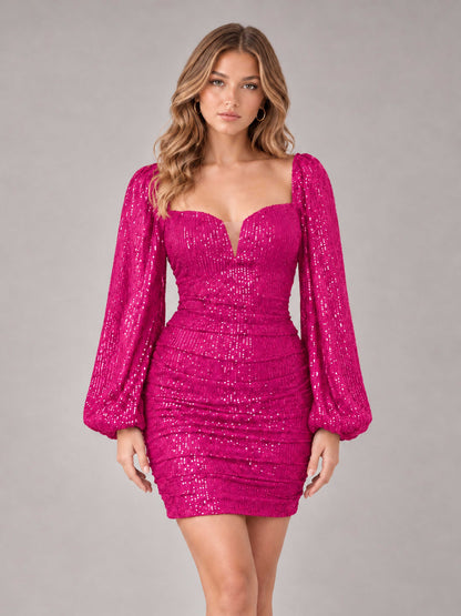 Hot Pink Fashionable Long Sleeve V Neck Column Sequins Homecoming Dresses