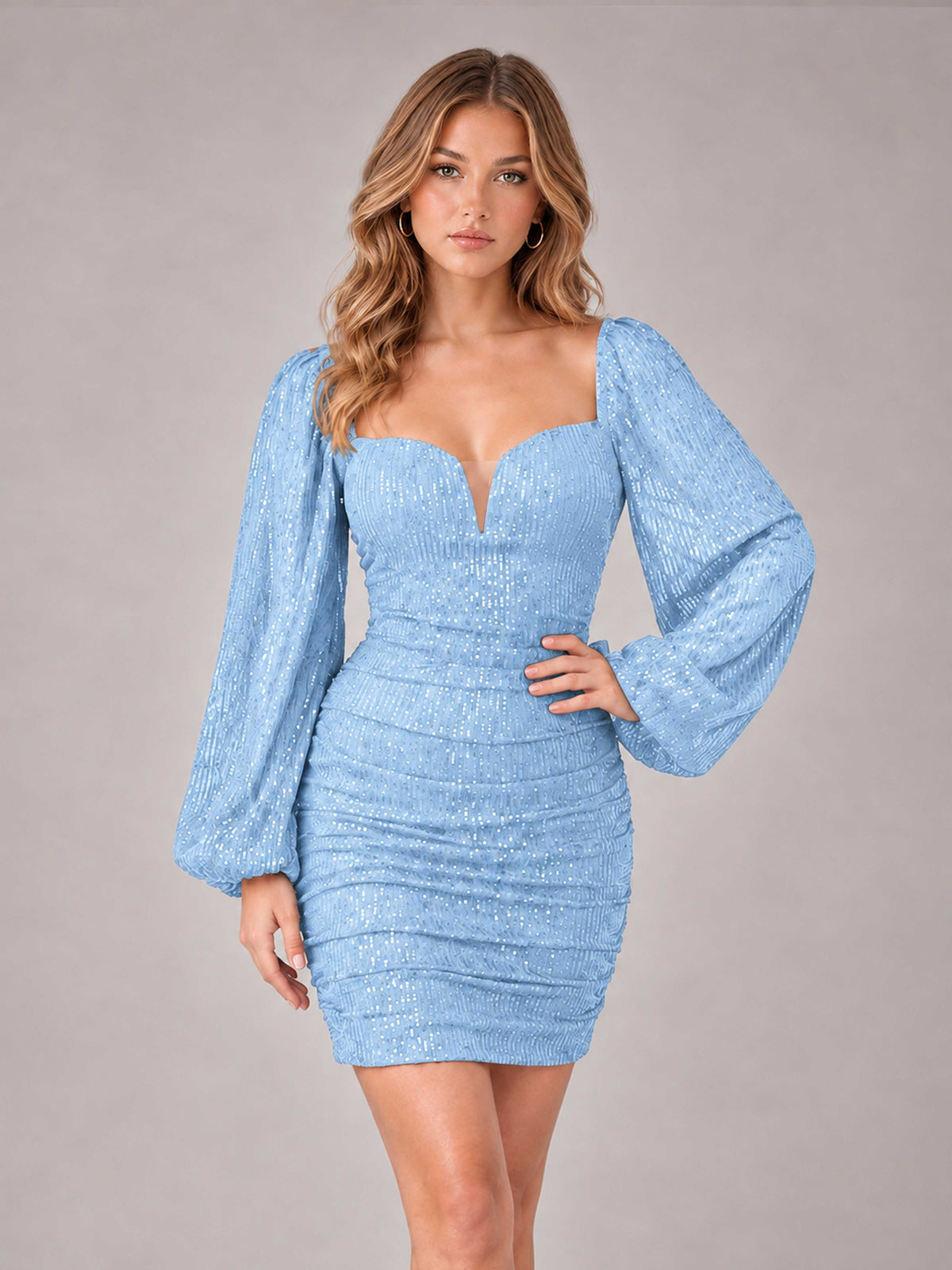 Light Blue Fashionable Long Sleeve V Neck Column Sequins Homecoming Dresses