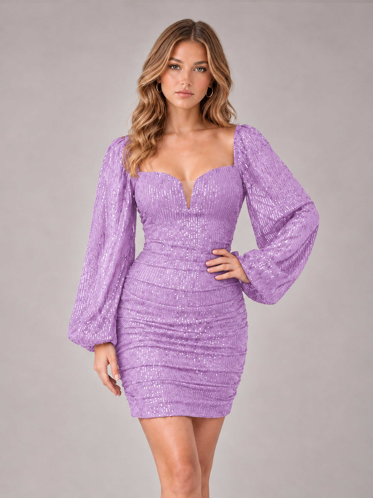 Lilac Fashionable Long Sleeve V Neck Column Sequins Homecoming Dresses