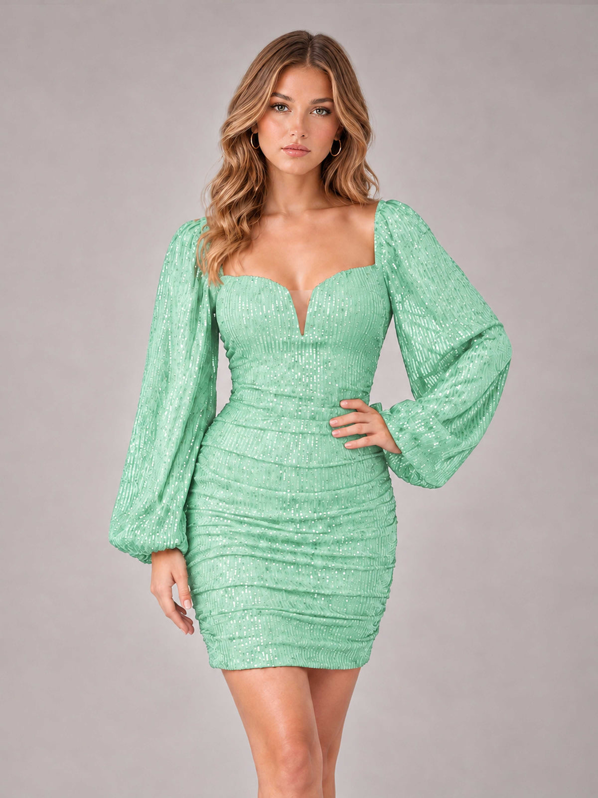 Mint Green Fashionable Long Sleeve V Neck Column Sequins Homecoming Dresses
